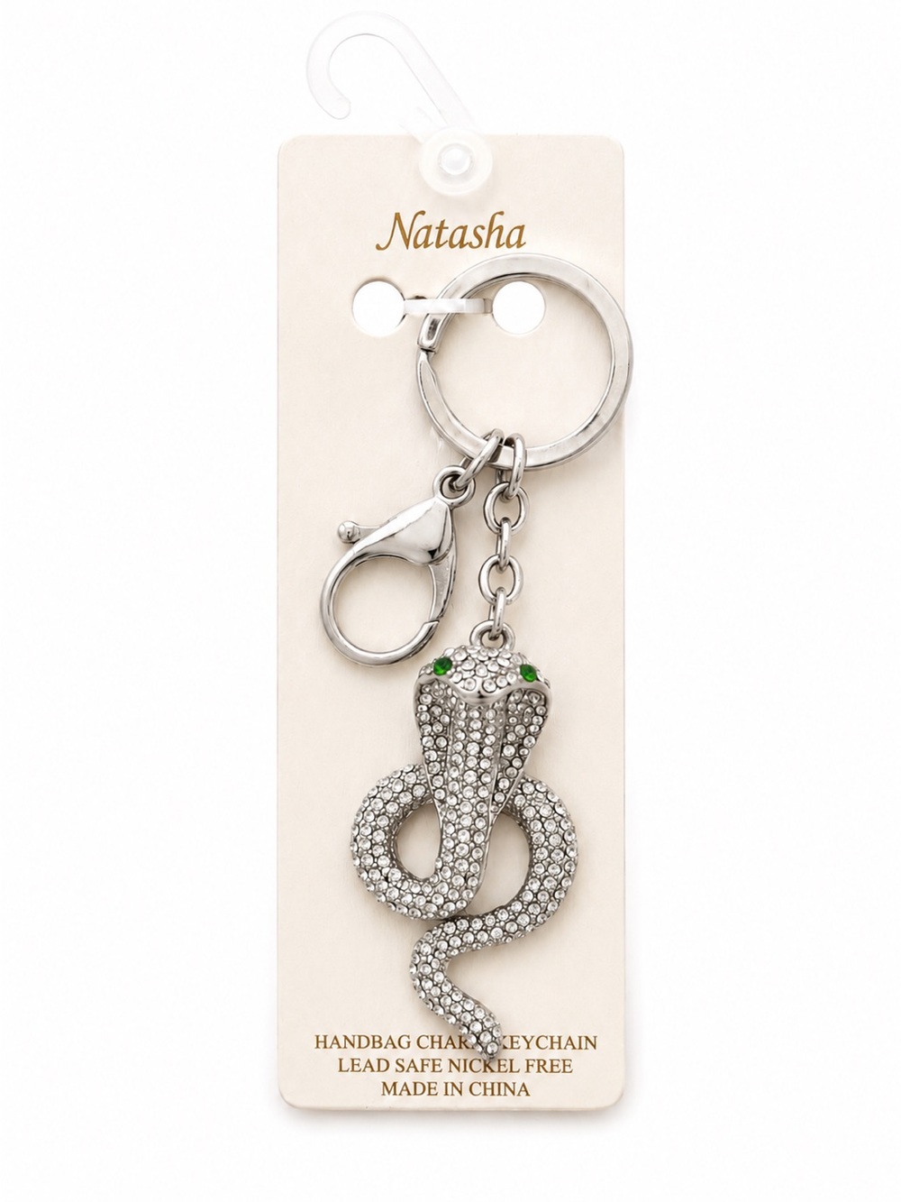 Natasha Silver Snake Crystal Rhinestone Keychain - Silver with Green Accents